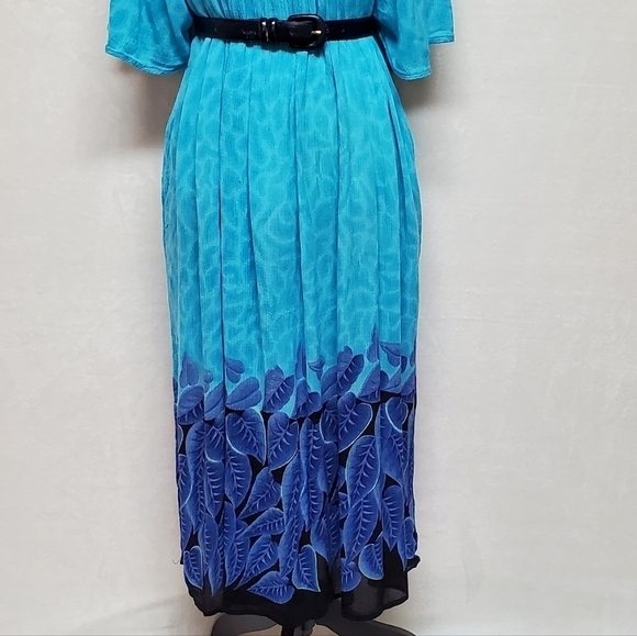 VINTAGE Aqua Blue Tropical Palm Leaf Flutter Sleeve Belted Pocket Dress Mumu - Picture 7 of 15